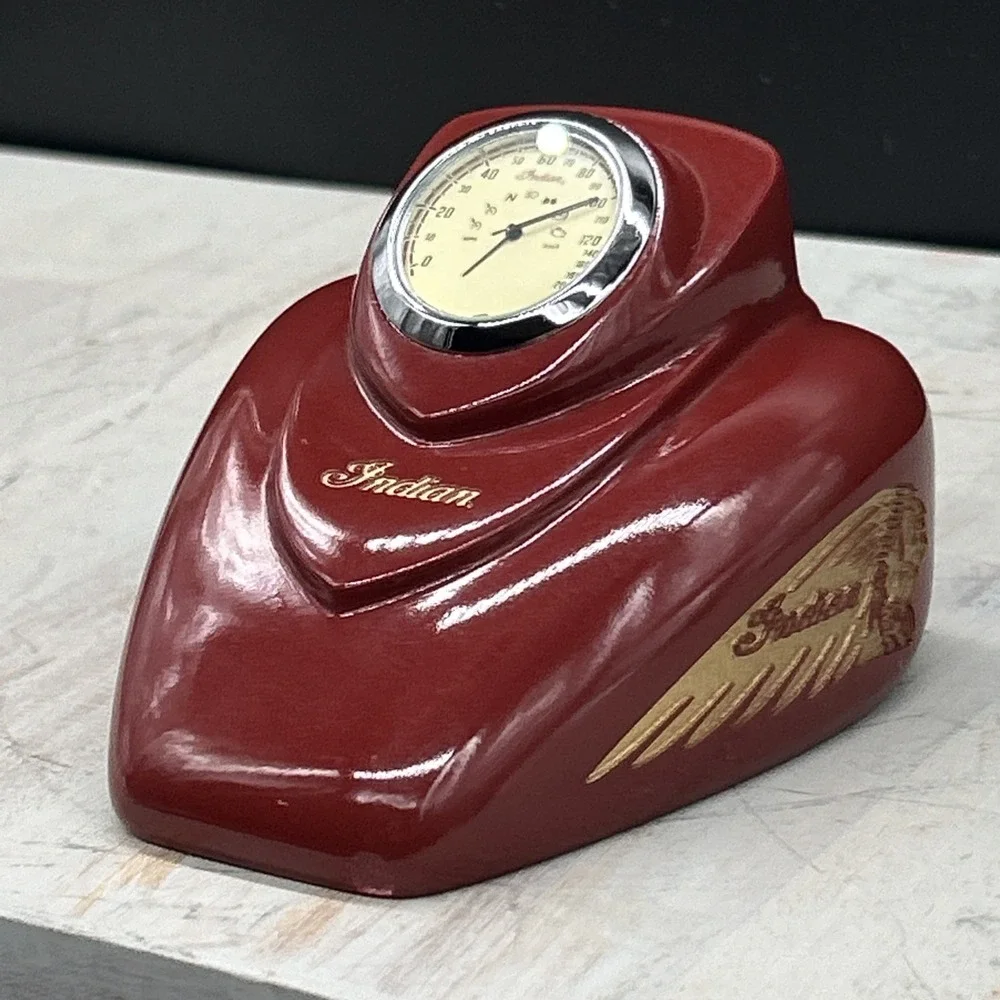 Indian Motorcycle Gas Tank Paperweight Red Desk Clock Speedometer Vintage Time